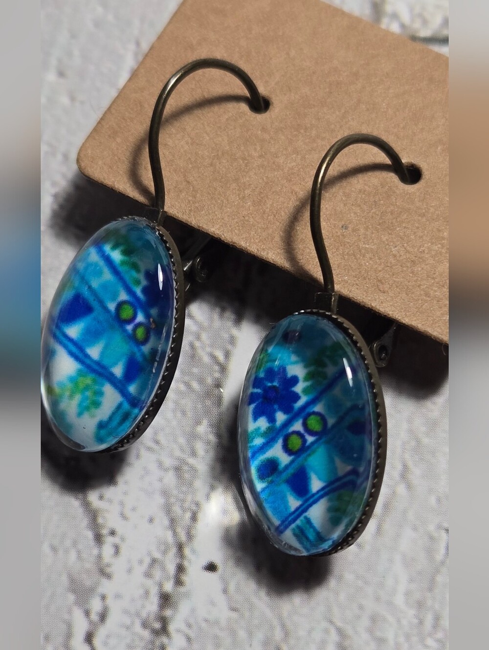 Vintage Blue and Brass Tone Drop Earrings - Picture 8 of 12
